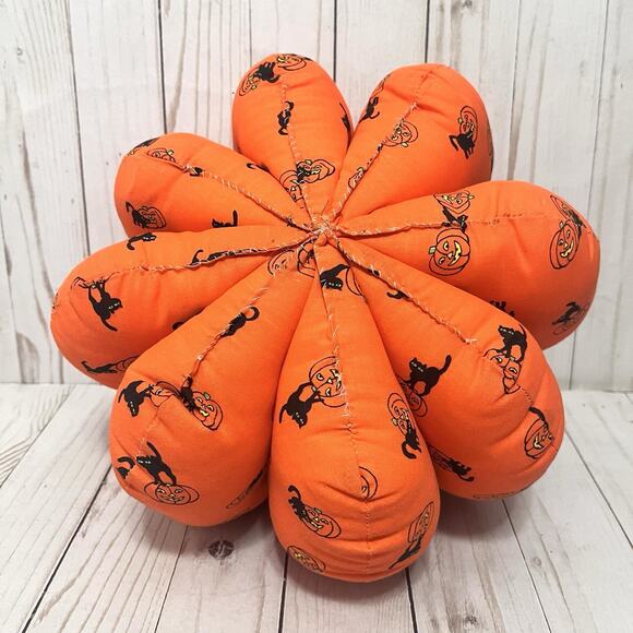 Vintage Cottagecore Handmade Halloween Fabric Large Pumpkin Plush Farmhouse - Picture 5 of 8